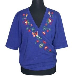 Vintage Hand Embroidered Floral Wrap Top Blue L Susan Bristol Cottagecore 90s